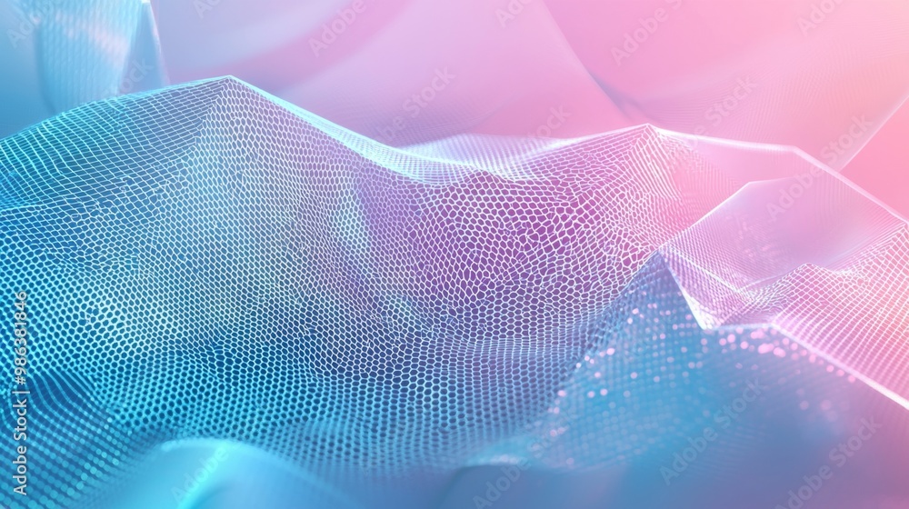 Poster abstract background with wavy surface made of dots and lines forming honeycomb structure with depth 