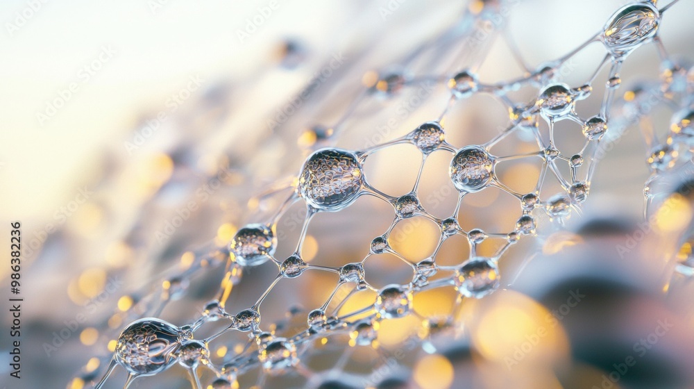 Poster interconnected liquid spheres create a captivating network with light reflections, forming an intric