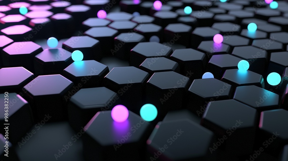 Poster abstract glowing spheres moving and bouncing on a black hexagonal surface. perfect for websites and 