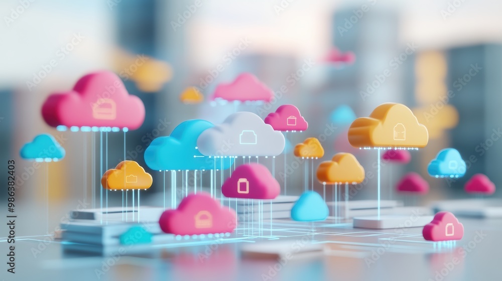 Poster a 3d rendering of a server farm with expanding cloud icons, illustrating the scalability of cloud in