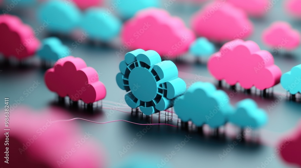 Poster a 3d rendering of a server farm with expanding cloud icons, illustrating the scalability of cloud in