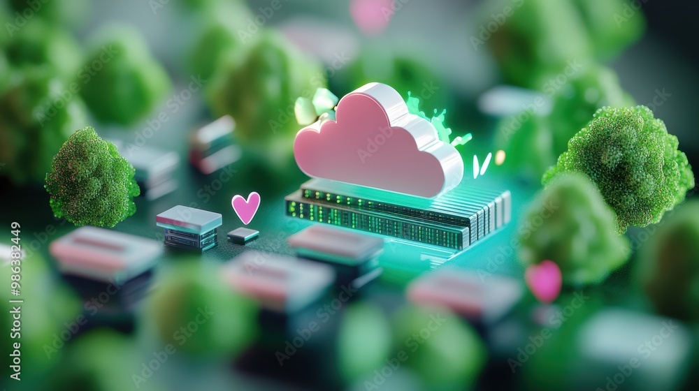 Poster a 3d representation of a server farm with virtualized machines, highlighting the efficiency of cloud