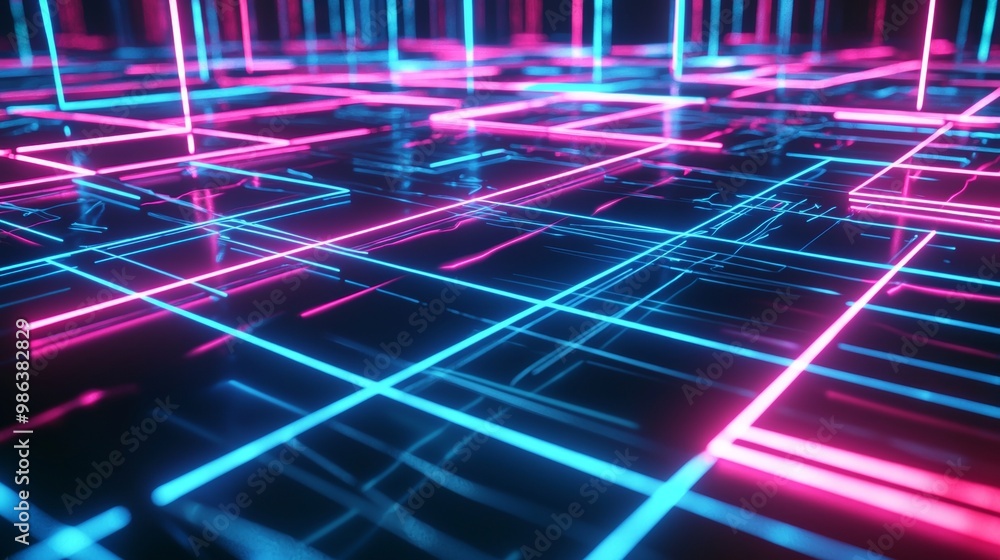 Poster abstract background with glowing neon lines forming a perspective grid pattern, perfect for technolo