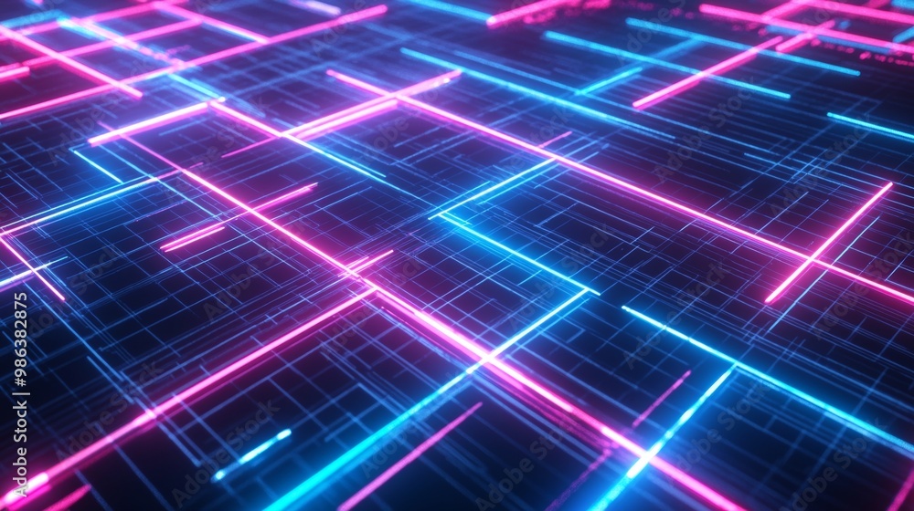 Aufkleber glowing blue and pink neon lines form a futuristic grid pattern on a dark background, creating a vib