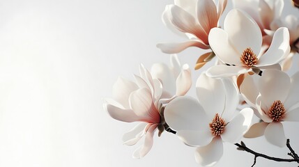 Fototapeta premium A close-up of delicate white magnolia flowers with soft pink accents against a light background.