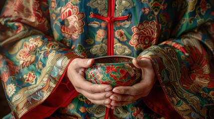 A person wearing a green and red robe holding a bowl