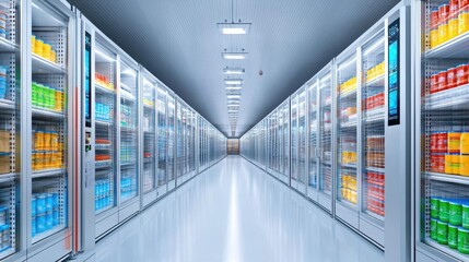 Food distribution center with large refrigeration units, cold storage rooms for perishable goods