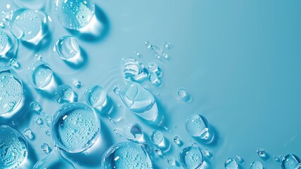 A vibrant close-up of transparent bubbles floating in a blue, watery background with soft light reflections and bokeh effect.