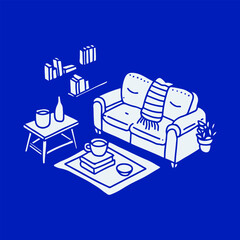 Obraz premium Vector illustration cozy living room with sofa, coffee table, books, indoor plants in minimalist white line art style on blue background. Home decor, interior design, and lifestyle themes