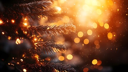 Fototapeta premium Brightly Lit Christmas Tree with Warm Bokeh Effect in Darkened Room for Festive Backgrounds