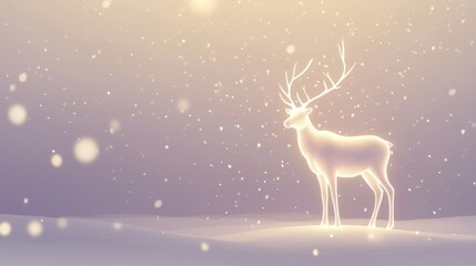 Reindeer with luminous antlers is standing in a snowy landscape while snow is falling, creating a magical winter atmosphere