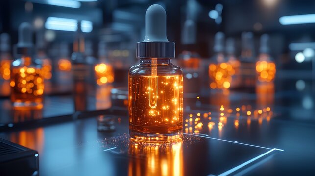 A close-up of a shimmering amber dropper bottle with glowing contents, set against a blurred background of similar bottles in a modern laboratory.