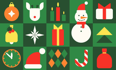 Cool Of Christmas Geometric Pattern. Abstract green background. Simple Holiday geometric elements. Swiss Design Shapes. Bauhaus Decorative Banner