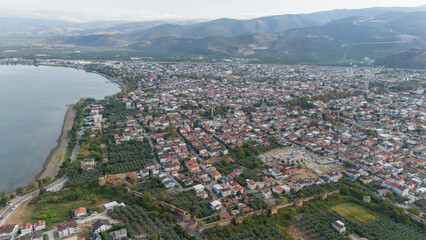 Fototapeta premium Aerial view of the historical city of Iznik by the Iznik Lake, Turkey.