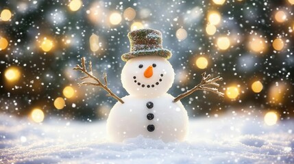 adorable snowman with twig arms and carrot nose surrounded by softly falling snowflakes festive winter wonderland backdrop with twinkling lights and evergreen trees