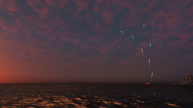 Fuegos artificiales de colores lanzados al atardecer desde un barco remolcador 