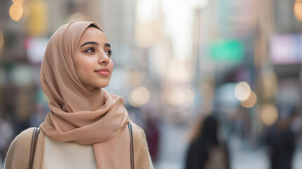 A thoughtful young Arab student in a hijab standing amidst the activity of a busy city street, symbolizing the intersection of education and urban living. photo