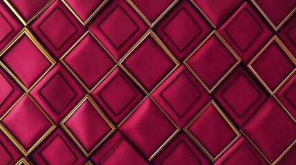 Fototapeta premium Red velvet squares with gold frames are forming a repeating geometric pattern, creating a luxurious and elegant background