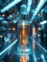 A glowing dropper bottle filled with shimmering liquid, set against a futuristic backdrop of lights and reflections.