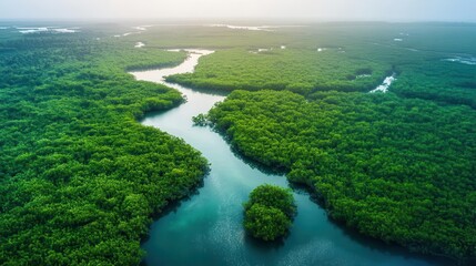 aerial view of lush emerald river delta intricate lacework of winding waterways verdant mangrove forests misty morning light vibrant ecosystem teeming with life hints of hidden wildlife