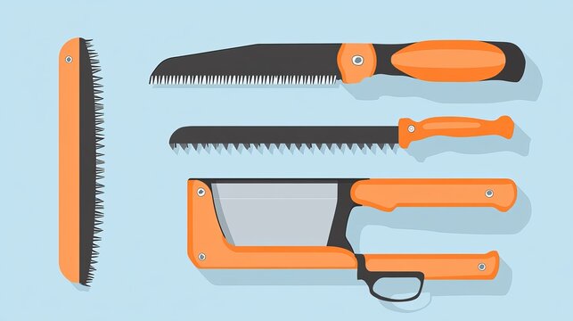 Hacksaw an agricultural tool Set of handsaws including armsaws and large twohanded saws Vector illustration