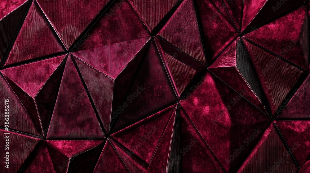 Poster red velvet upholstery with a geometric pattern forming repetitive triangles, creating a luxurious an