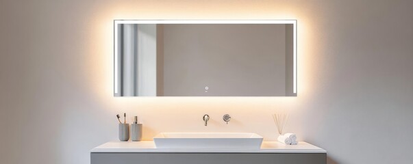 Rectangular frameless mirror with built-in lighting and brass fixtures, minimalist bathroom mirror, luxury elegance