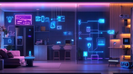 An image of a smart home, featuring various connected devices and appliances 