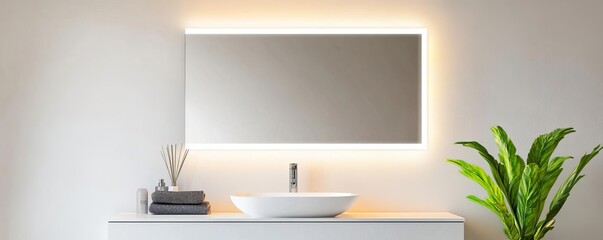 Rectangular frameless mirror with built-in lighting and brass fixtures, minimalist bathroom mirror, luxury elegance