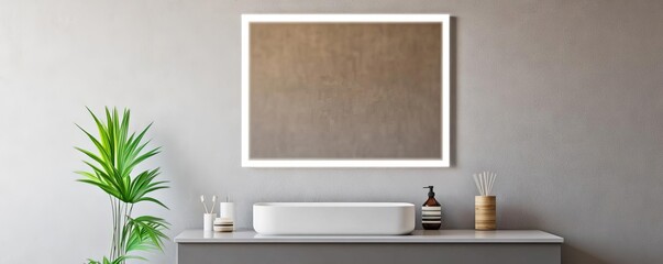 Rectangular frameless mirror with built-in lighting and brass fixtures, minimalist bathroom mirror, luxury elegance