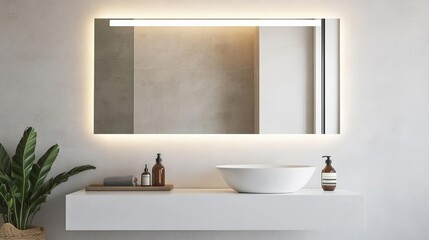 Fototapeta premium Rectangular frameless mirror with soft lighting in a gray minimalist bathroom, minimalist bathroom mirror, sleek simplicity