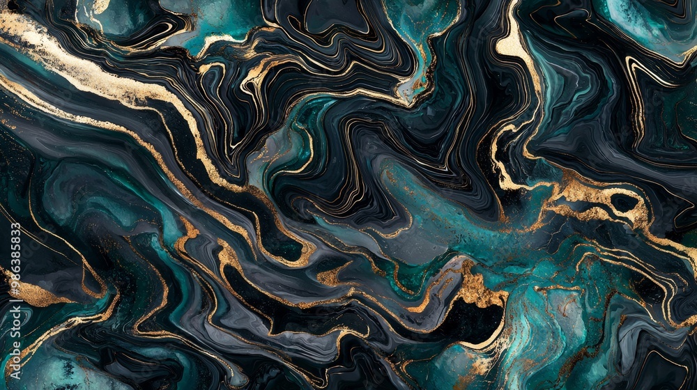 Poster Mesmerizing abstract ink and acrylic painting with luxurious gold and green marble texture, perfect for adding sophistication to any project. Vibrant colors swirl and flow, creating dynamic energy