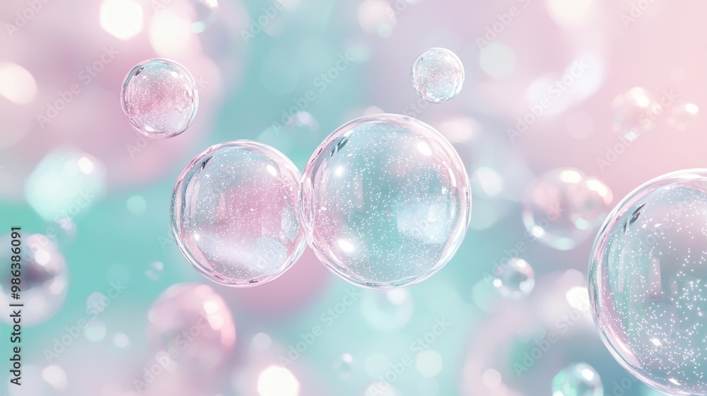 Poster group of shiny, transparent bubbles are floating on a blurry, pastel background with bokeh, creating