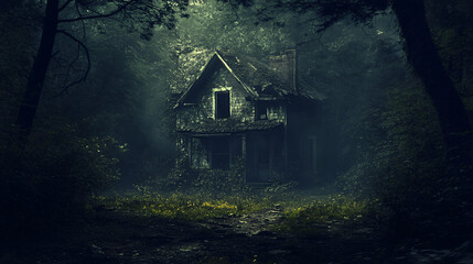 Old, broken-down house at the edge of a dark forest