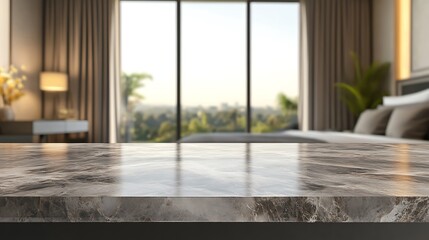A modern interior view featuring a polished table with a scenic backdrop of a bedroom and greenery outside.