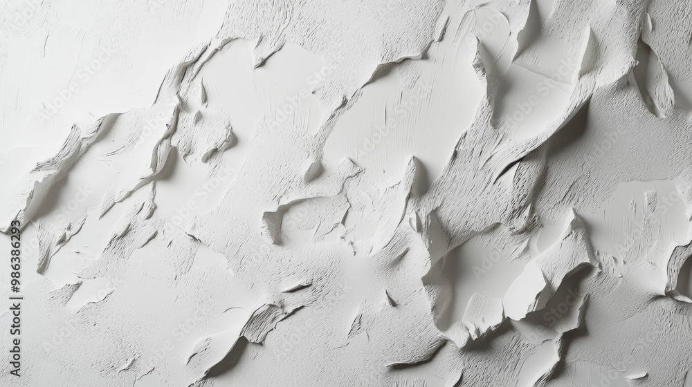 Poster decorative white plaster is applied unevenly to a wall, creating a textured effect with visible brus