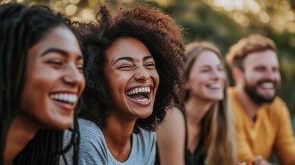 Fototapeta premium diverse group of friends sharing genuine laughter at an outdoor gathering candid moment of joy and connection in a sundappled natural setting