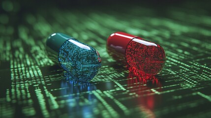 red and blue pill choice on green data background offering a symbolic decision concept for digital future and technology selection representing virtual reality and binary paths in a digital world