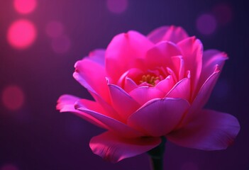A vibrant, glossy pink flower illuminated by colorful neon lights in a dynamic setting