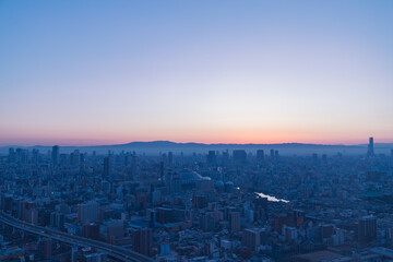 展望台から見えた早朝の大阪の都市風景
