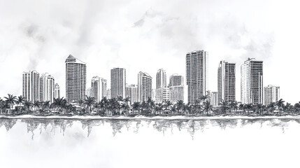 Obraz premium Pompano Beach, Florida, black and white pen pencil hand-drawn effect drawing illustration for travel poster, card, wallpaper, backdrop or banner. Modern, clear, artistic and simple