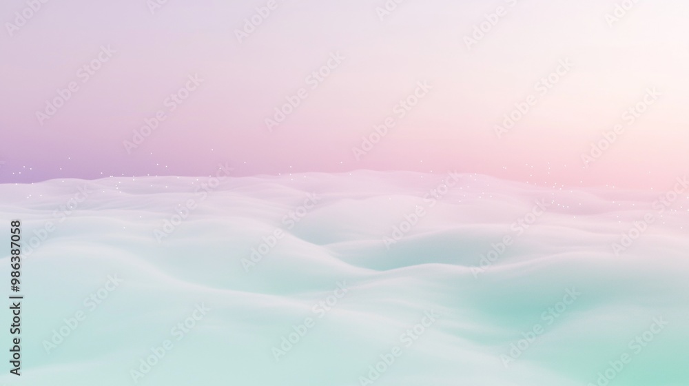 Poster soft light illuminates a wavy landscape with sparkling particles floating above, creating a dreamy a