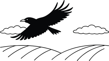 Serene Flight of a Raven Over Rolling Fields Vector Art
