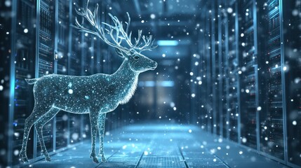 silver reindeer in a data center, background banner for christmas with copy space for advertising transparent background
