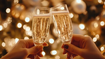 elegant hands raising crystal champagne flutes in a festive toast sparkling bubbles and warm holiday lights create a magical christmas atmosphere
