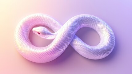 Fototapeta premium Holographic snake coils into an infinity symbol, shimmering against a gradient backdrop in pink, purple, and white. Its intricate patterns offer a fresh perspective on infinity