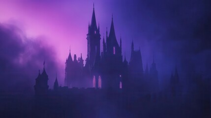 Fototapeta premium enchanted castle silhouette against twilight sky magical atmosphere with glowing windows misty surroundings fairytaleinspired architecture with intricate spires