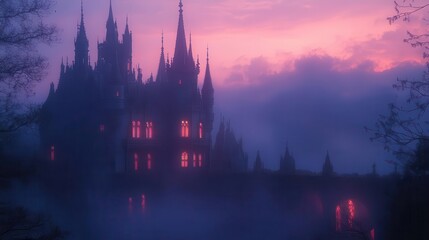 enchanted castle silhouette against twilight sky magical atmosphere with glowing windows misty surroundings fairytaleinspired architecture with intricate spires