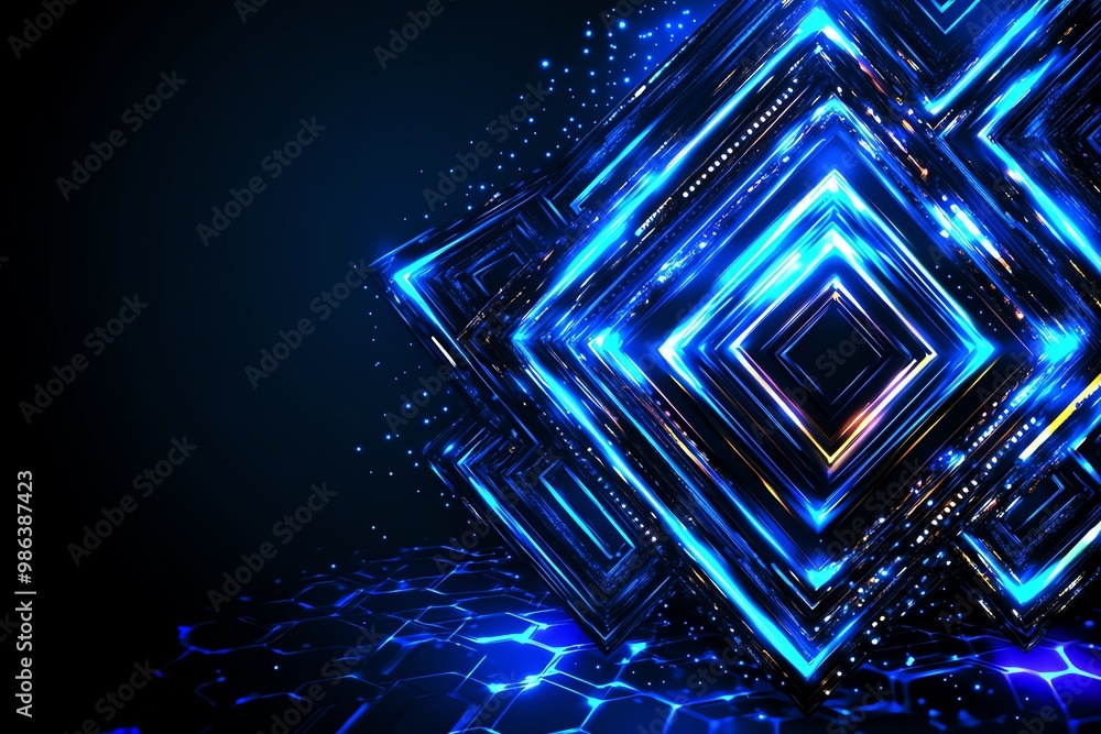 Poster Abstract geometric shapes overlapping in a dynamic pattern, creating a futuristic and eye-catching background