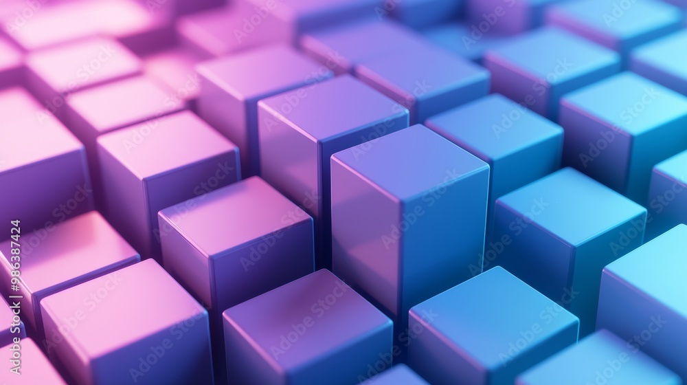 Poster abstract composition featuring cubes arranged in a dynamic pattern, illuminated by vibrant neon ligh
